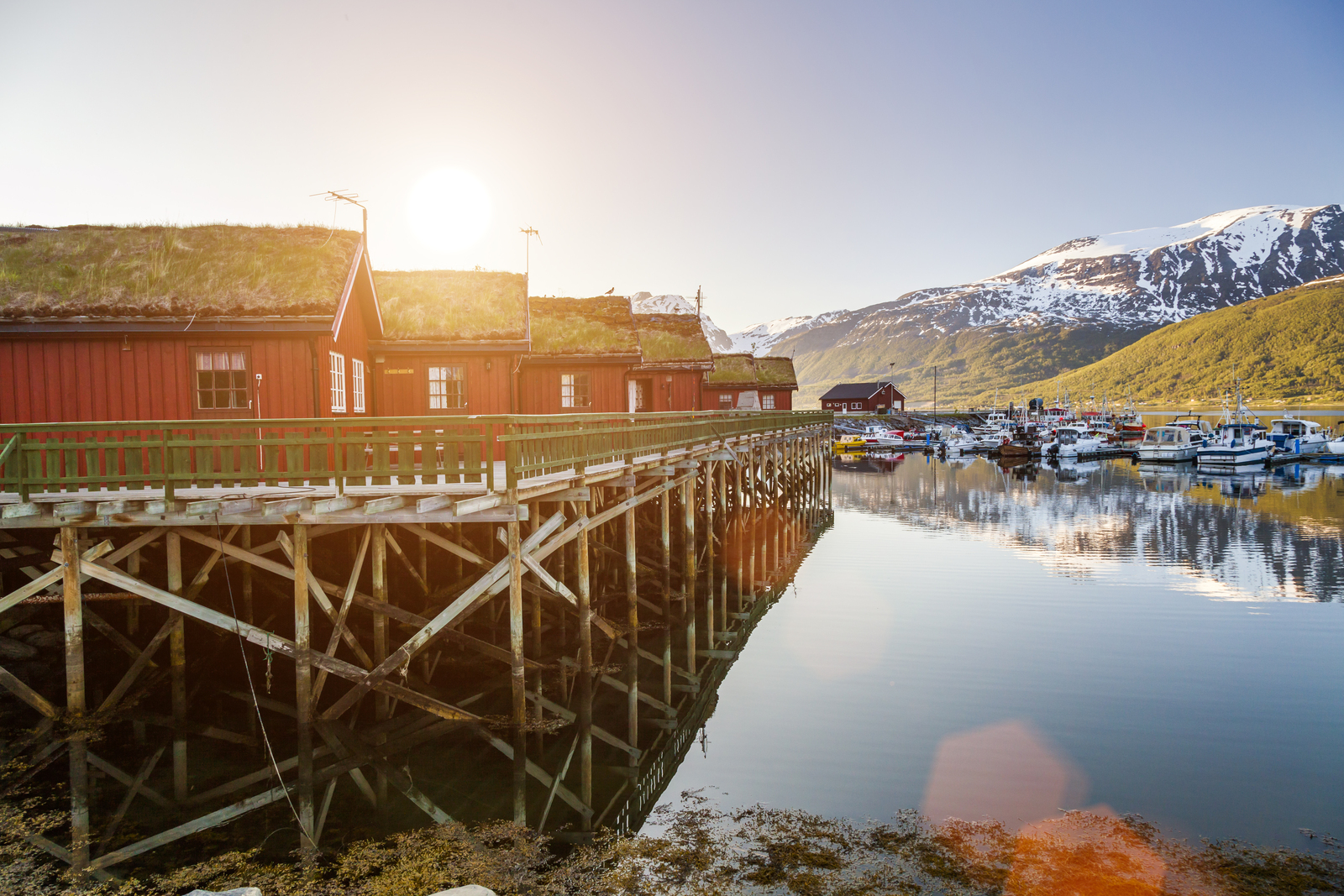 Red wooden cabins at campsite by the fjord in Norway