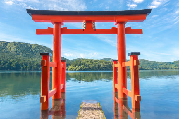 Hakone, Kanagawa Prefecture, Japan - July 2, 2023 : Torii gate in Japanese temple gate at Hakone Shrine near lake Ashi